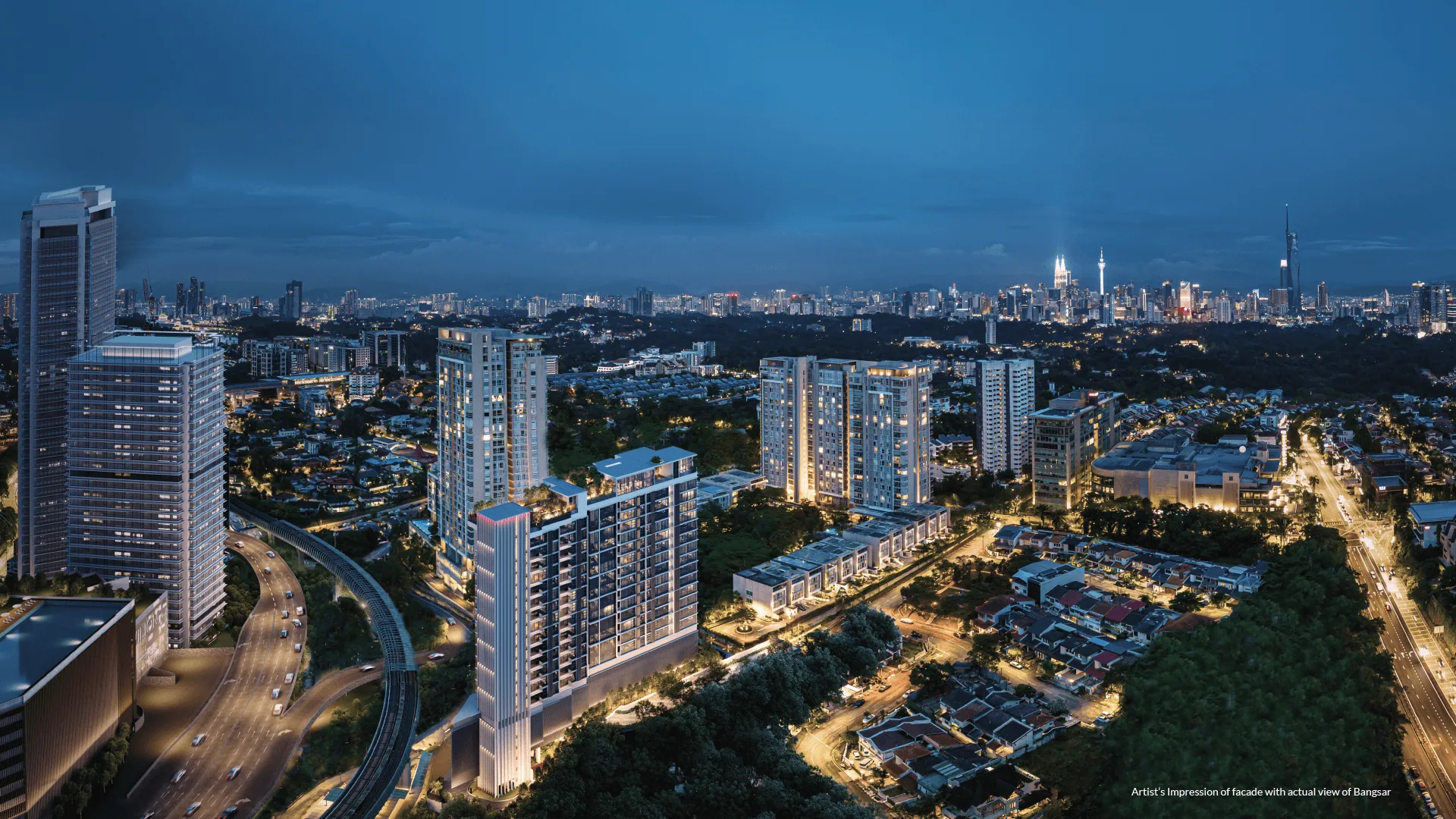 111 Menerung @ Bangsar 塔楼外观，背景为孟沙实景天际线，BRDB Developments，吉隆坡