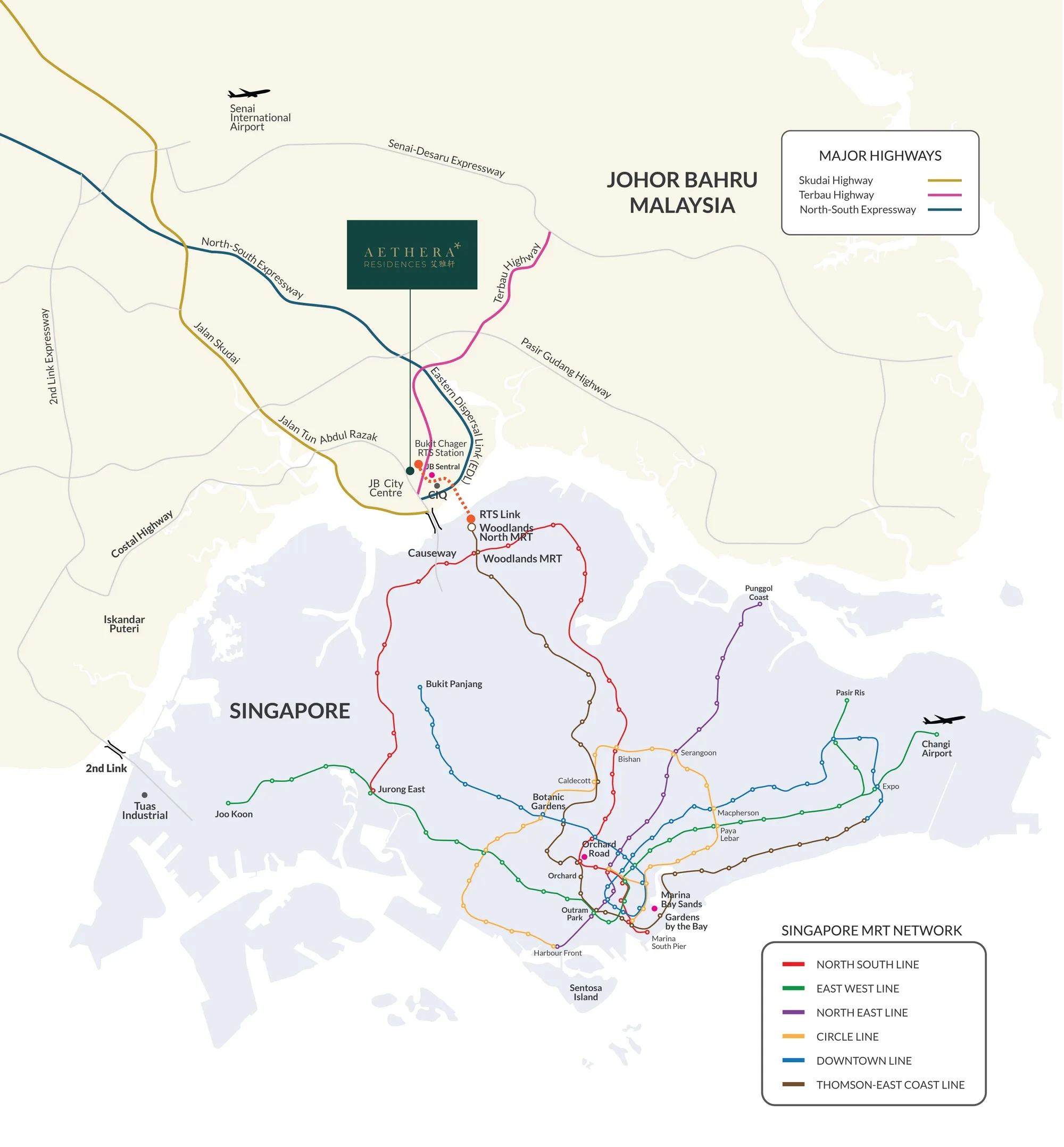 UOA location map placing Aethera Residences within Johor Bahru city centre and its links to Singapore