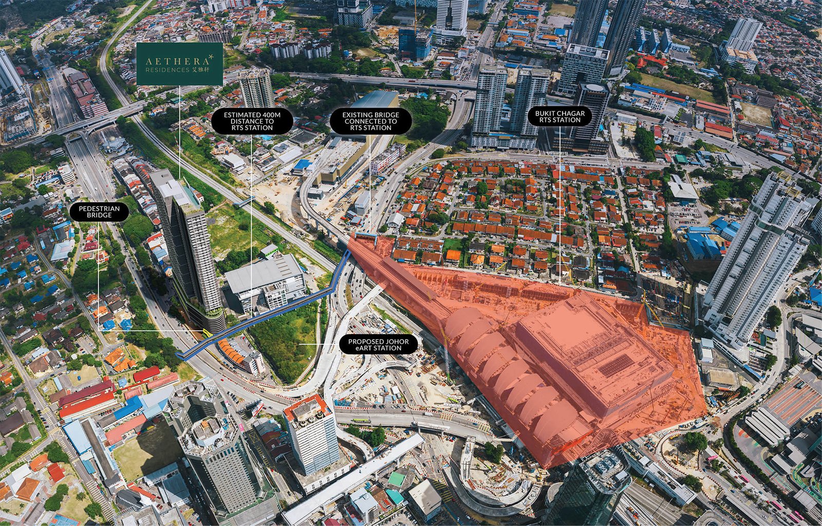 Labelled aerial masterplan view of the Aethera Residences site within the Ibrahim International Business District, Johor Bahru