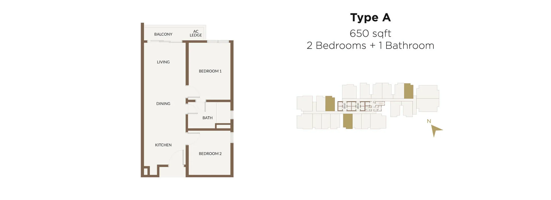 Aethera Residences Type A floor plan — 650 sq ft two-bedroom one-bathroom, Johor Bahru
