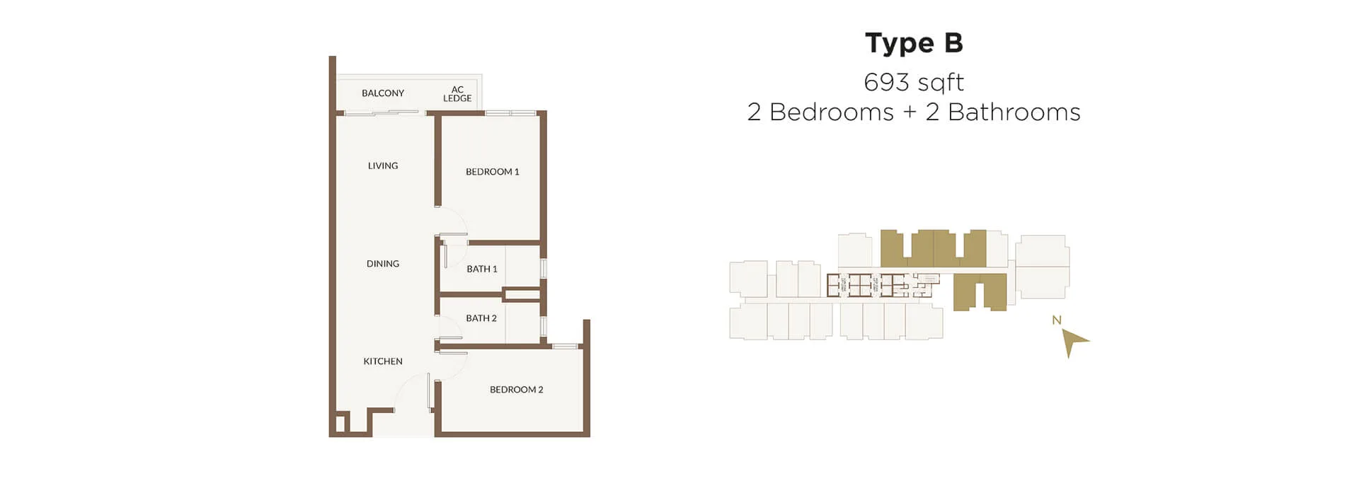 Aethera Residences Type B floor plan — 693 sq ft two-bedroom two-bathroom, Johor Bahru