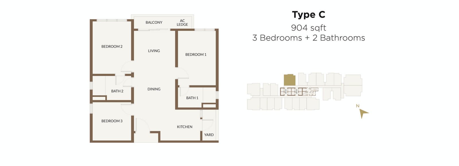 Aethera Residences Type C floor plan — 904 sq ft three-bedroom two-bathroom, Johor Bahru
