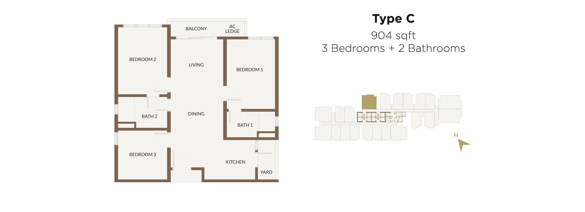 Aethera Residences Type C floor plan — 904 sq ft three-bedroom two-bathroom, Johor Bahru