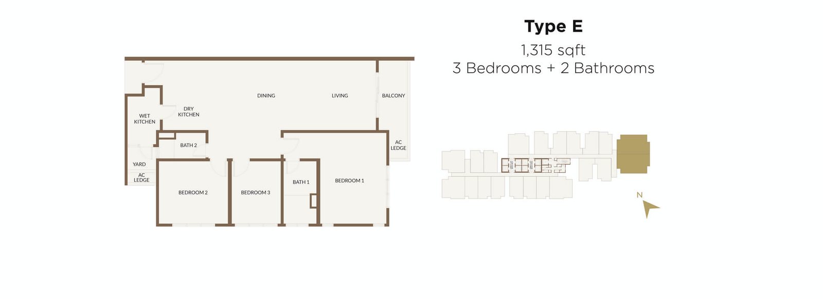 Aethera Residences Type E floor plan — 1,315 sq ft three-bedroom two-bathroom, Johor Bahru