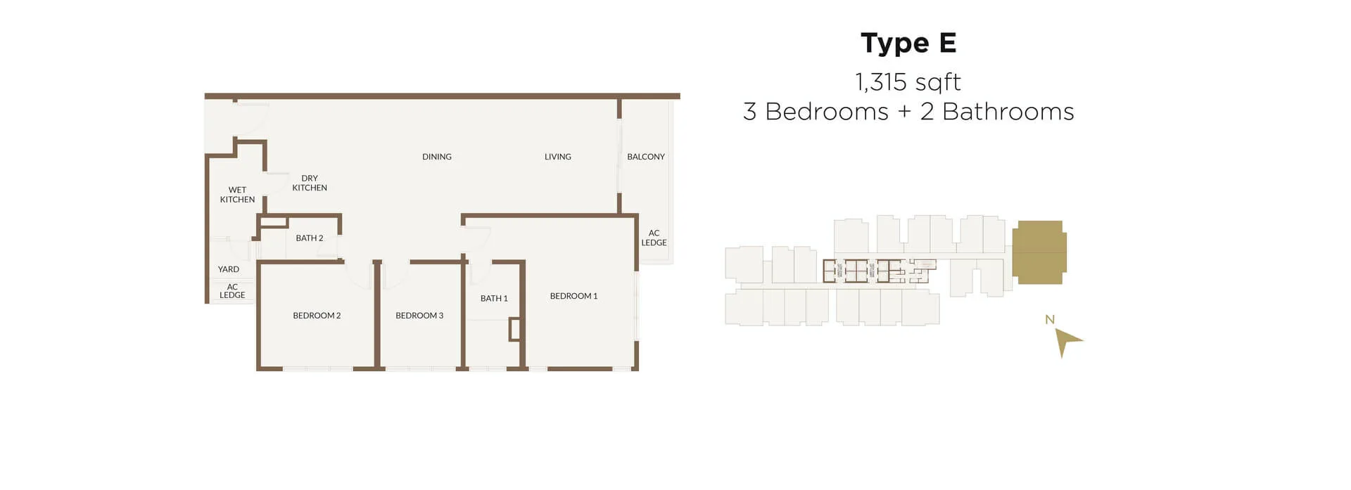 Aethera Residences Type E floor plan — 1,315 sq ft three-bedroom two-bathroom, Johor Bahru