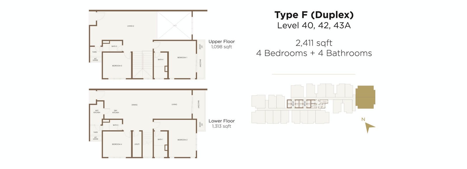 Aethera Residences Type F duplex floor plan — 2,411 sq ft four-bedroom four-bathroom, Johor Bahru