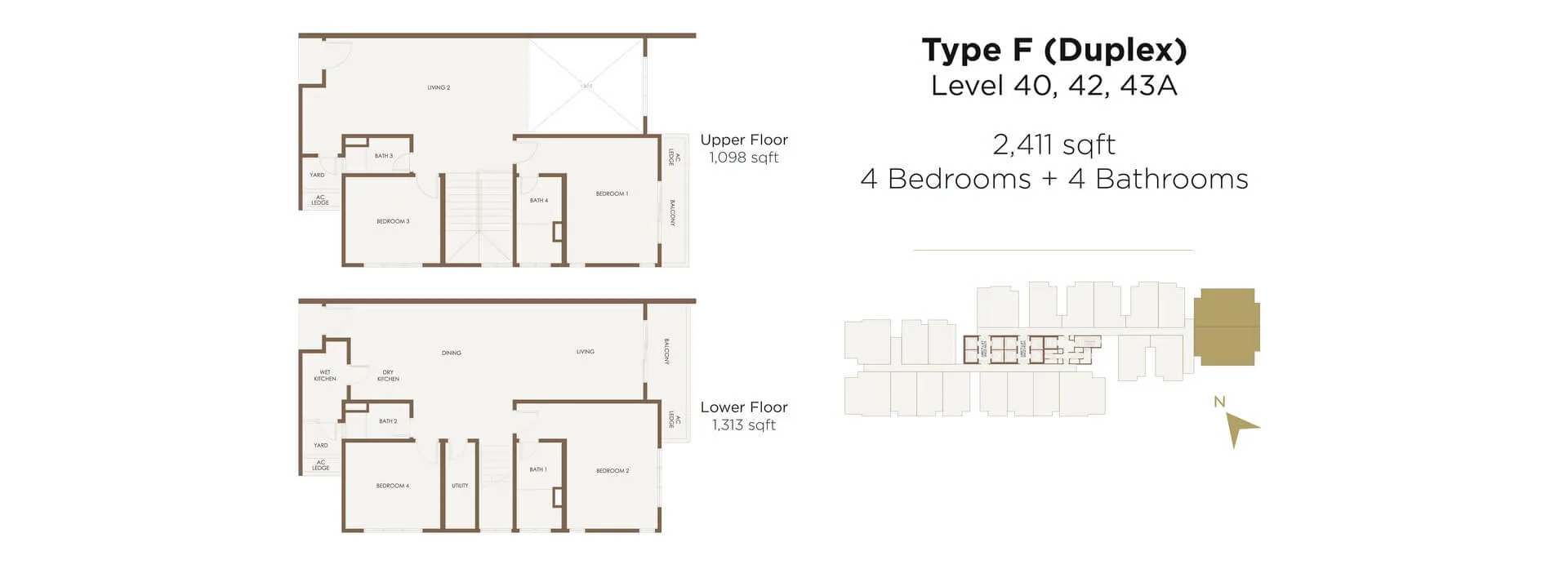 Aethera Residences Type F duplex floor plan — 2,411 sq ft four-bedroom four-bathroom, Johor Bahru