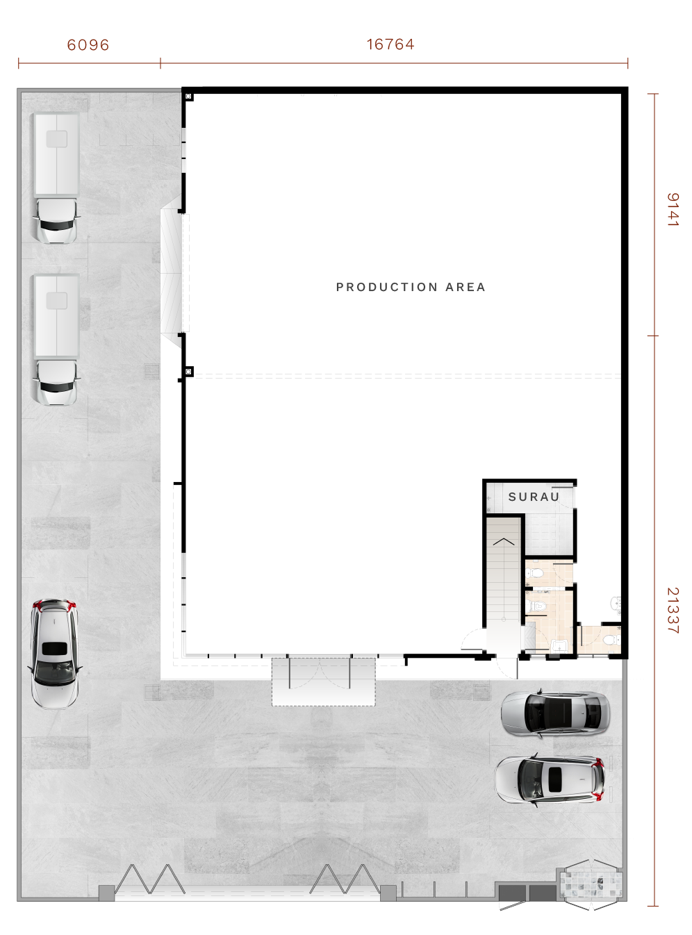 Cluster factory ground floor plan — 5,433 to 7,982 sq ft built-up on 75ft to 80ft by 100ft lots, Akasia Business Park @ Ulu Tiram, Johor