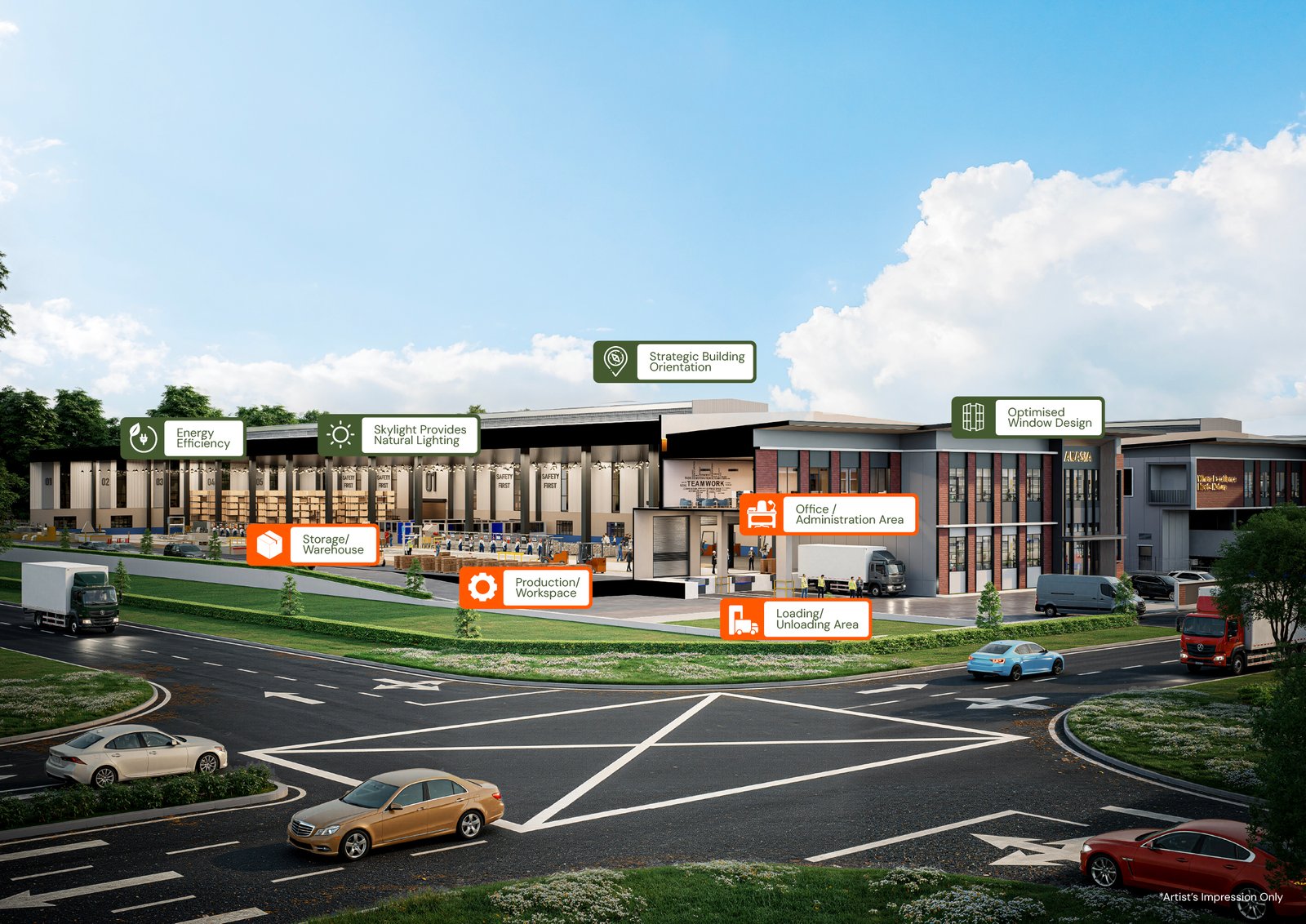 Detached factory concept view for manufacturing, warehousing and logistics occupiers at Akasia Business Park @ Ulu Tiram, Johor
