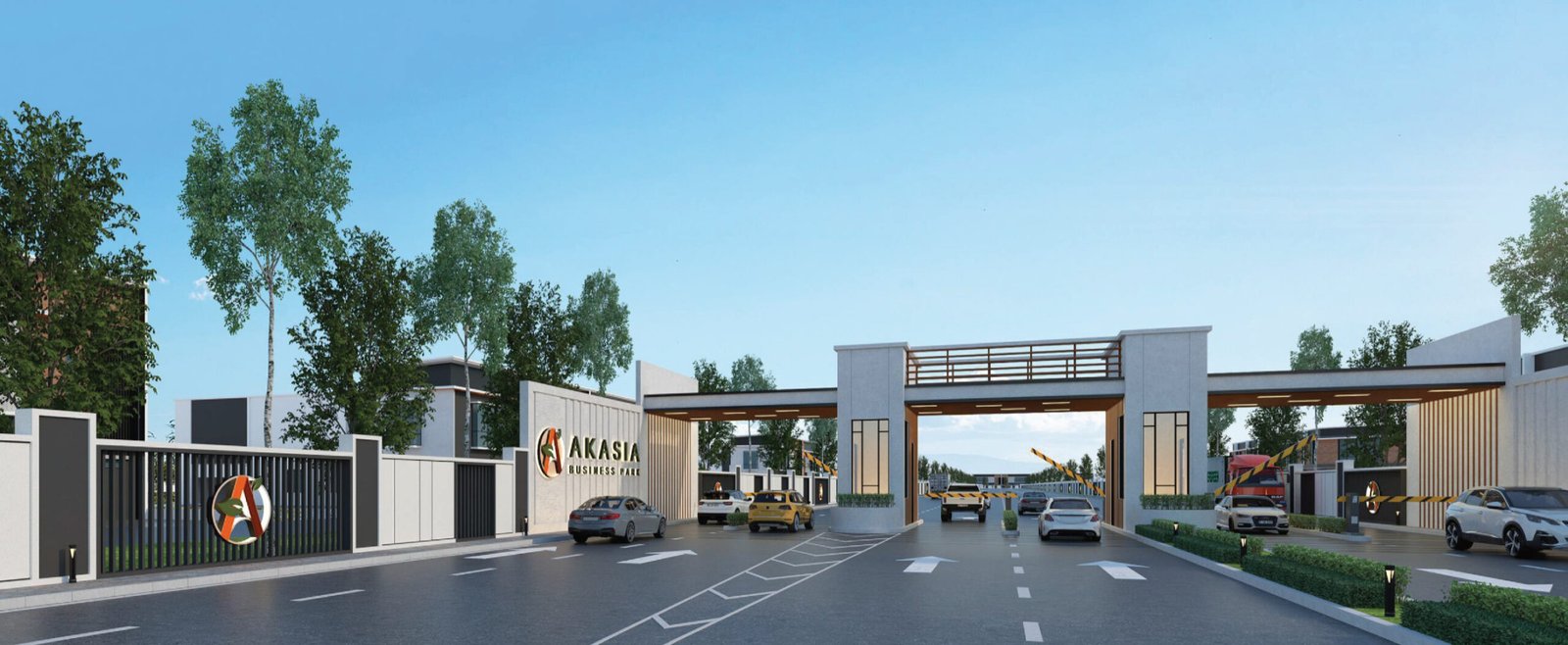 Guard house and four-lane-in, two-lane-out entry configuration at Akasia Business Park @ Ulu Tiram, Johor