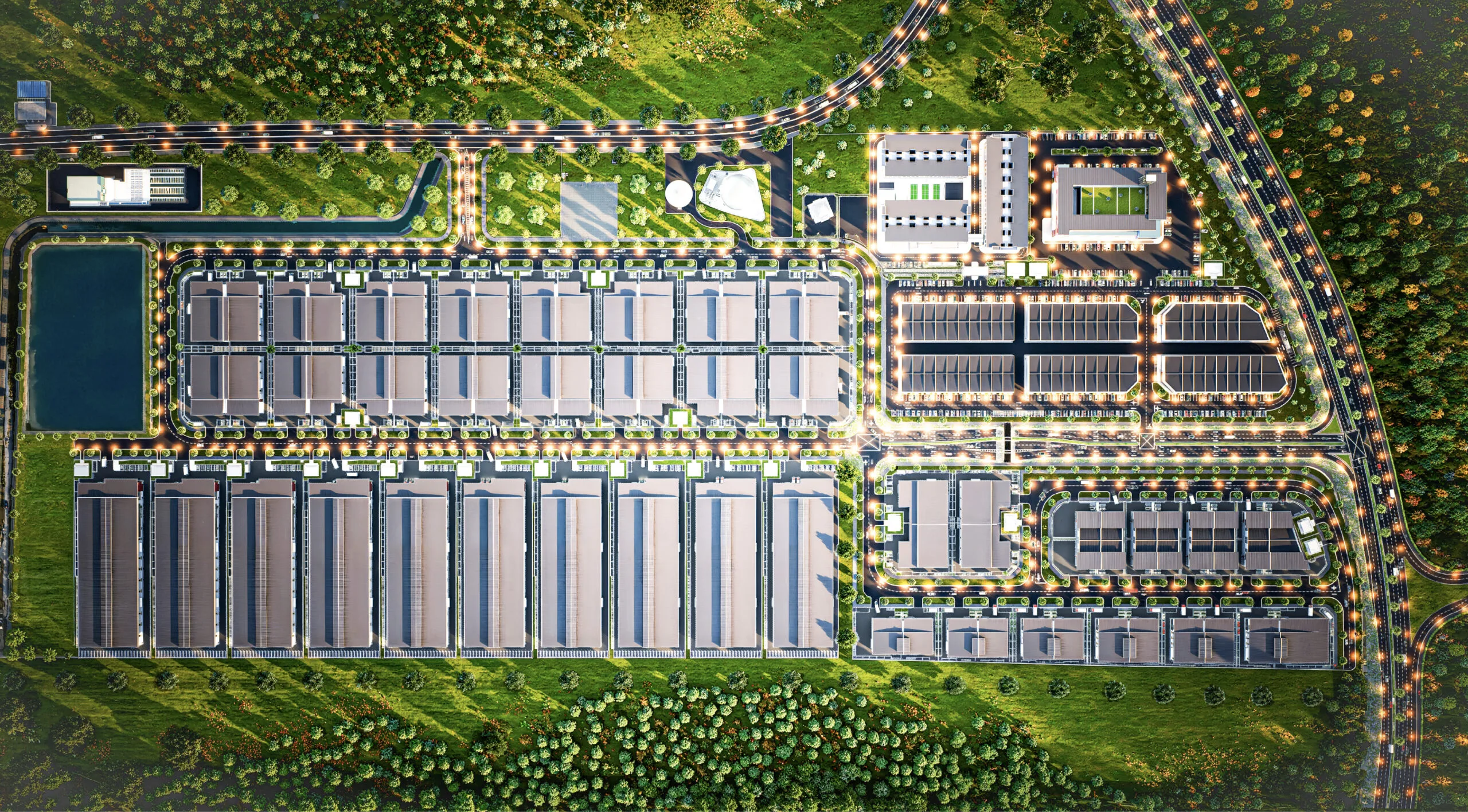 Akasia Business Park 乌鲁地南总平面图，标示排屋式、群集式、半独立与订制独立厂房区，以及商业用地与员工宿舍地块