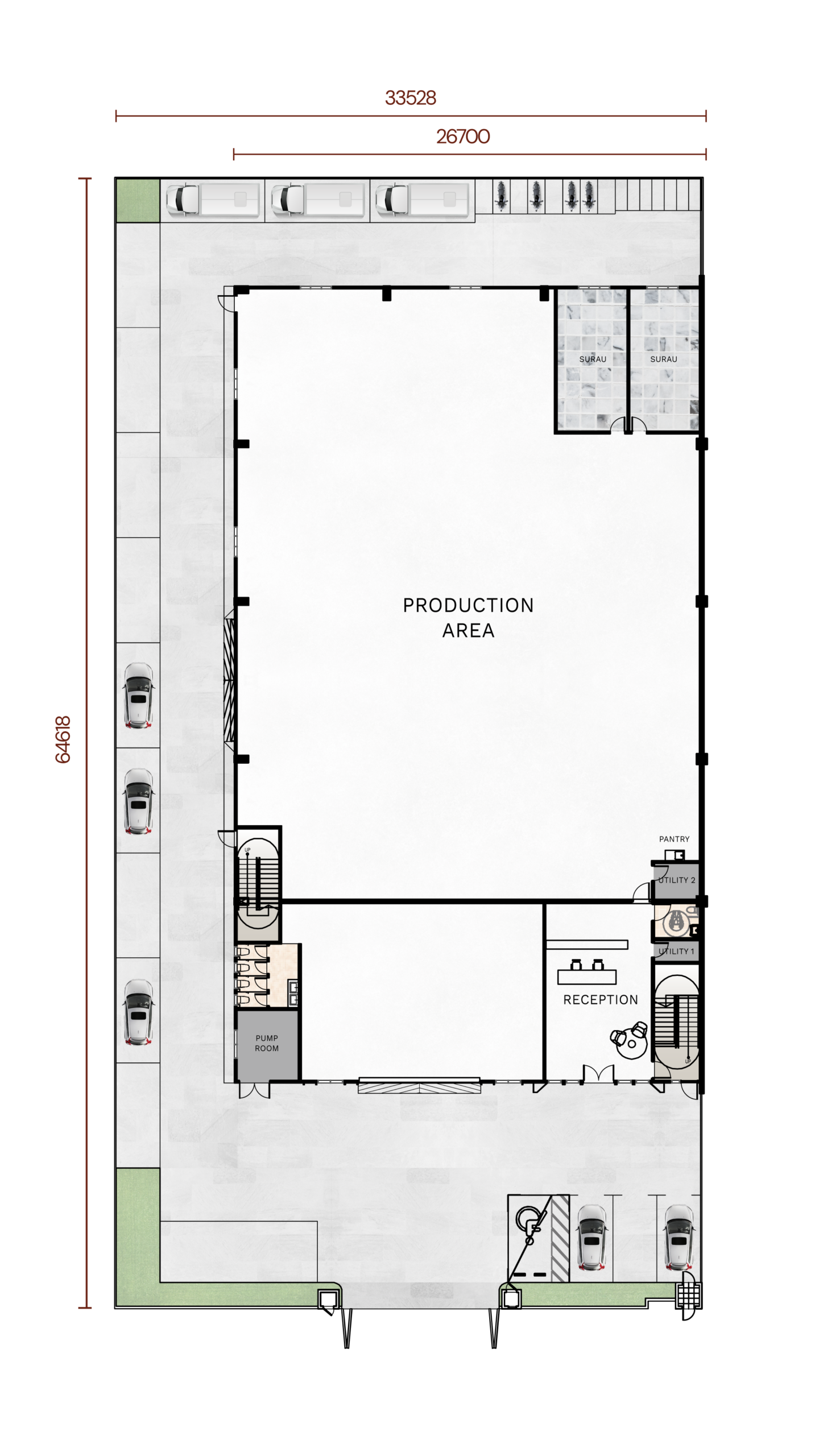 Semi-detached factory ground floor plan — 14,496 to 15,850 sq ft built-up, Akasia Business Park @ Ulu Tiram, Johor