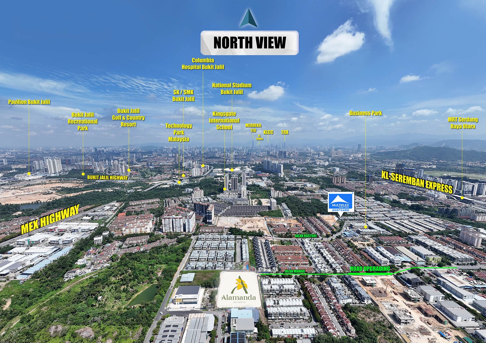 Drone view looking north from the site at Alamanda Heights by Multiplex Property Group, Taman Bukit Serdang, Seri Kembangan, Selangor
