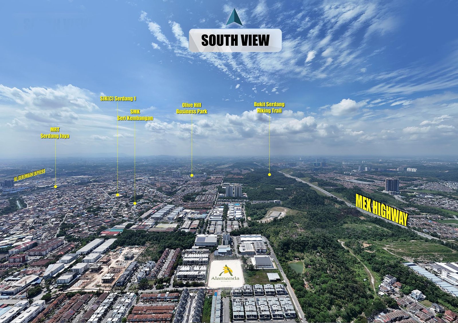 Drone view looking south from the site at Alamanda Heights by Multiplex Property Group, Taman Bukit Serdang, Seri Kembangan, Selangor