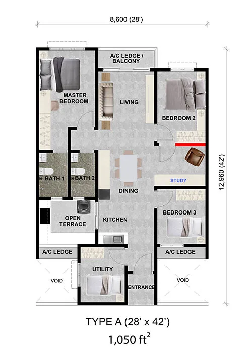 Type A floor plan, 1,050 sq ft at Alamanda Heights by Multiplex Property Group, Taman Bukit Serdang, Seri Kembangan, Selangor