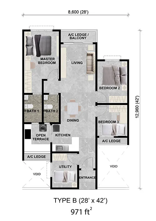 雪兰莪沙登 Taman Bukit Serdang Alamanda Heights B 型户型图,971 平方尺