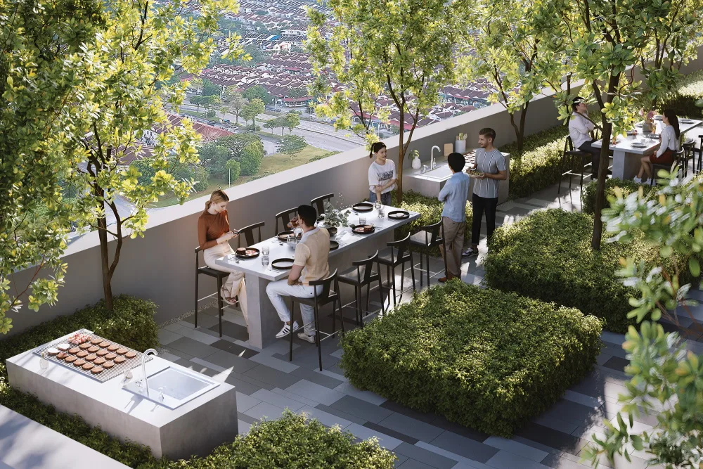 Outdoor BBQ area on the podium deck at Aliva Mount Austin, Johor Bahru