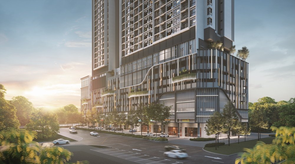 Close-up of the Aliva Mount Austin facade and balcony detail, Johor Bahru