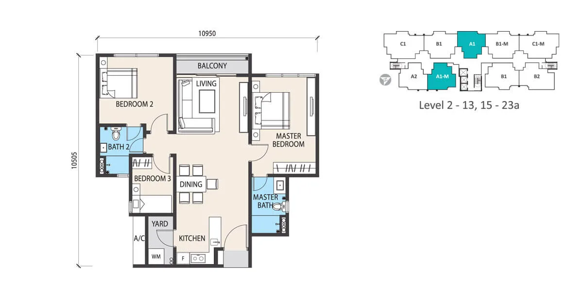 Garden Heights Type A1 floor plan of 1,001 sq ft at Alstonia Hilltop Homes by MRCB Land, Bukit Rahman Putra, Sungai Buloh, Selangor