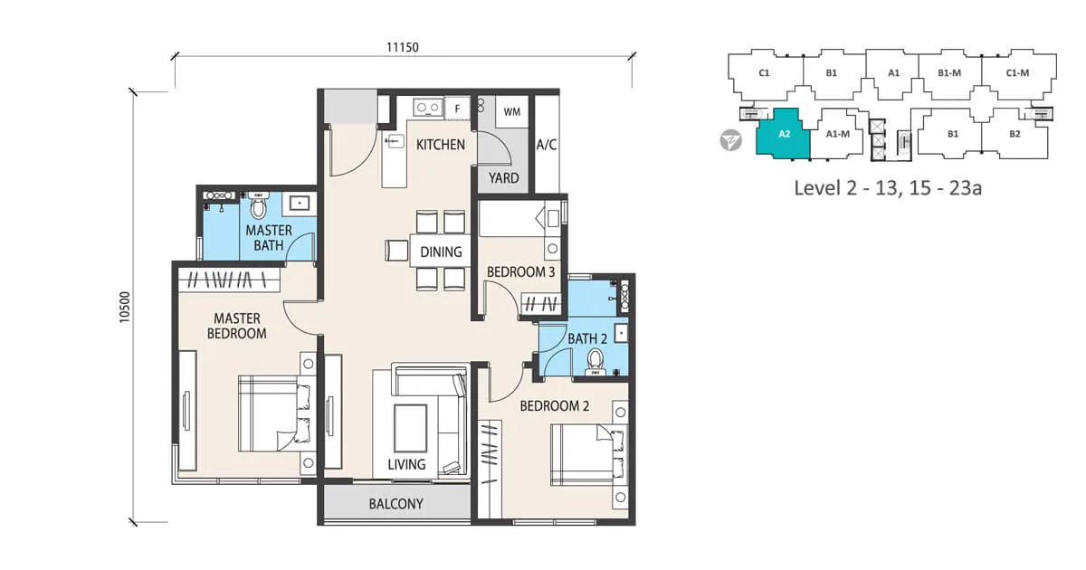 Garden Heights Type A2 floor plan of 1,022 sq ft at Alstonia Hilltop Homes by MRCB Land, Bukit Rahman Putra, Sungai Buloh, Selangor