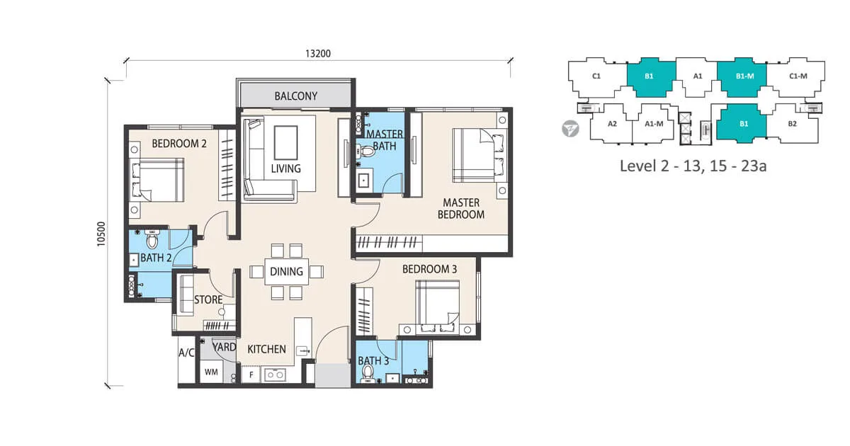 Garden Heights Type B1 floor plan of 1,216 sq ft at Alstonia Hilltop Homes by MRCB Land, Bukit Rahman Putra, Sungai Buloh, Selangor