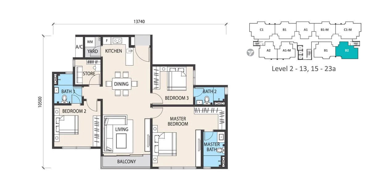 Garden Heights Type B2 floor plan of 1,227 sq ft at Alstonia Hilltop Homes by MRCB Land, Bukit Rahman Putra, Sungai Buloh, Selangor