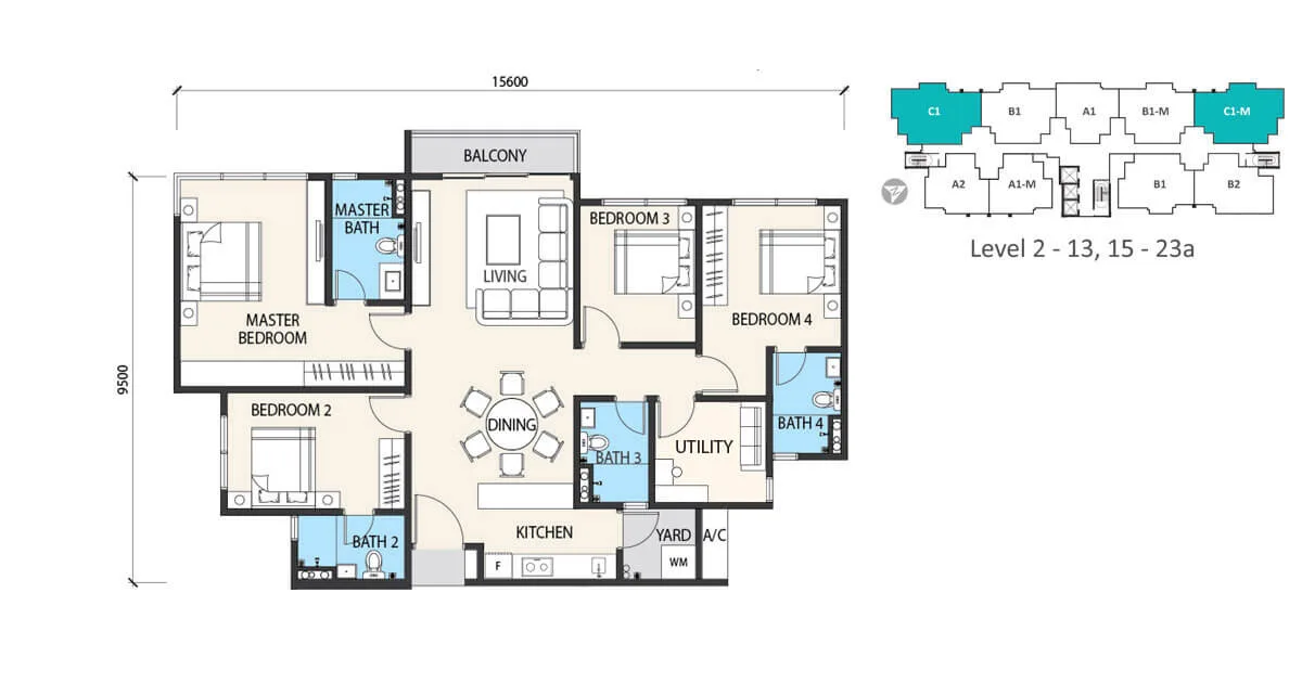 Garden Heights Type C1 floor plan of 1,431 sq ft at Alstonia Hilltop Homes by MRCB Land, Bukit Rahman Putra, Sungai Buloh, Selangor