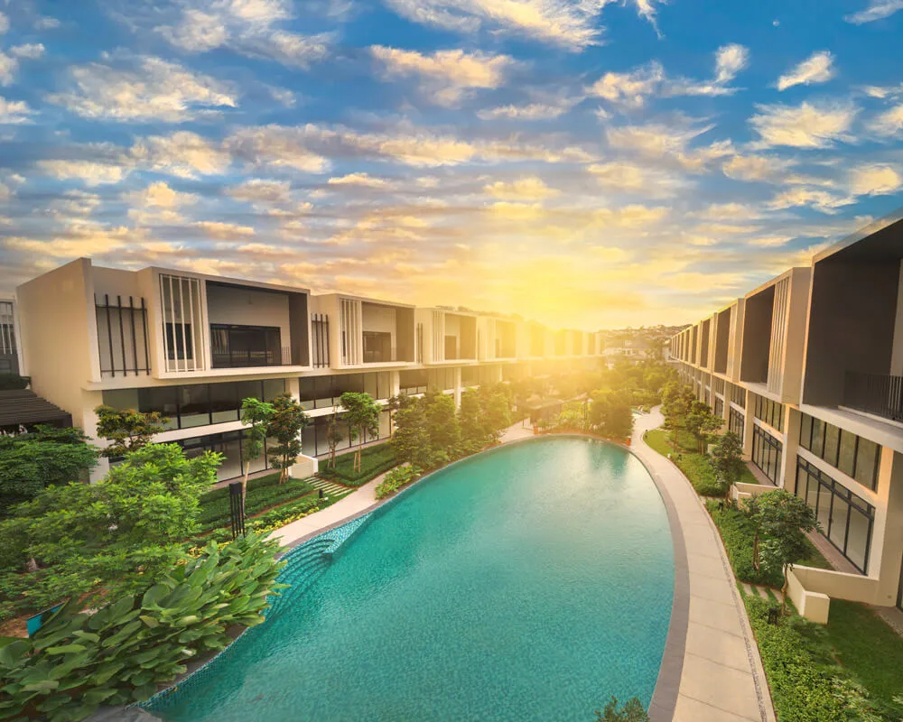 Pool view in the evening at Alstonia Hilltop Homes by MRCB Land, Bukit Rahman Putra, Sungai Buloh, Selangor