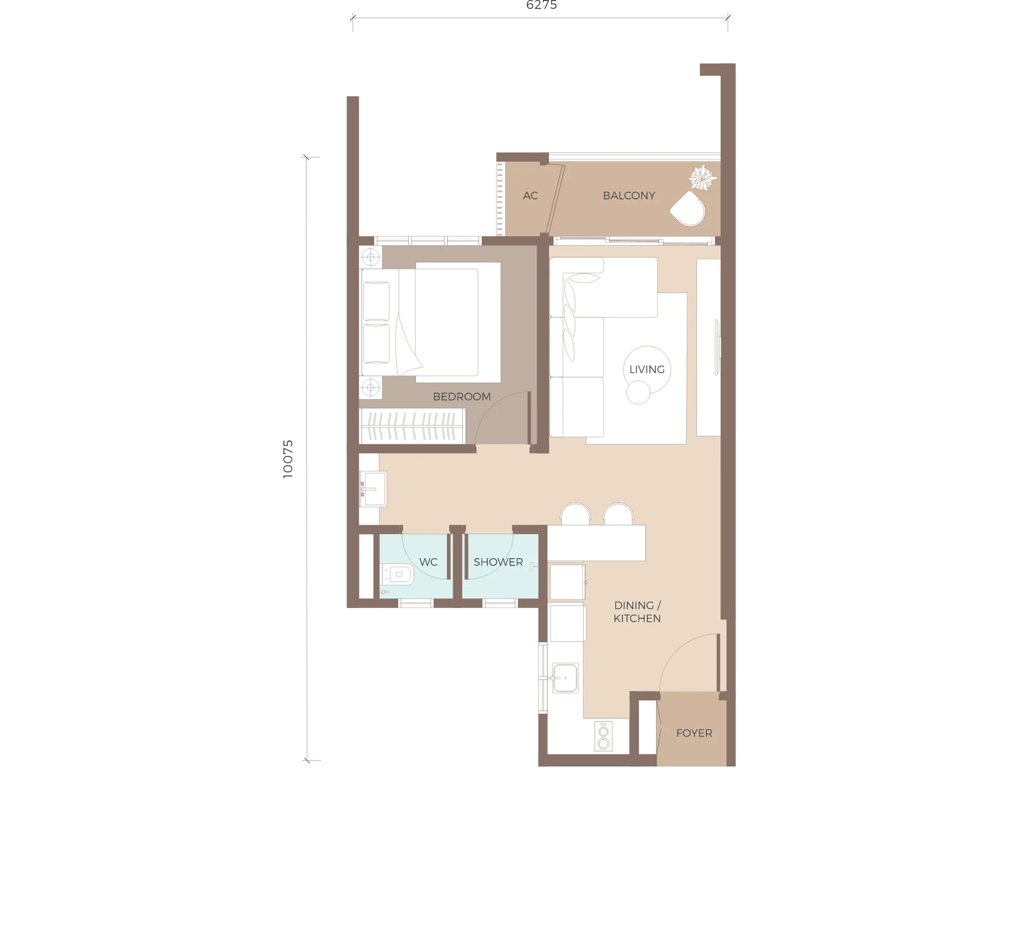 Type A1 floor plan, 554 sq ft, one bedroom at Amaya Residences @ Damansara Avenue by TA Global, Bandar Sri Damansara, Selangor