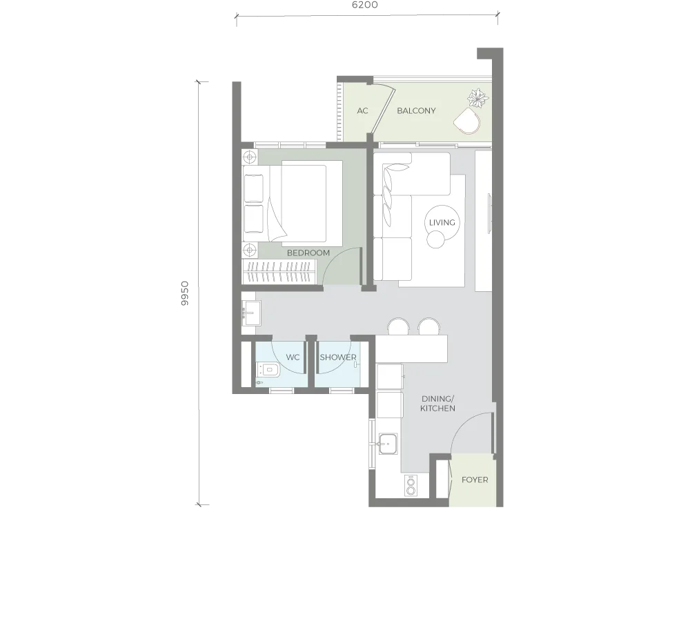 Type A2 floor plan, 539 sq ft, the smallest home in the development at Amaya Residences @ Damansara Avenue by TA Global, Bandar Sri Damansara, Selangor