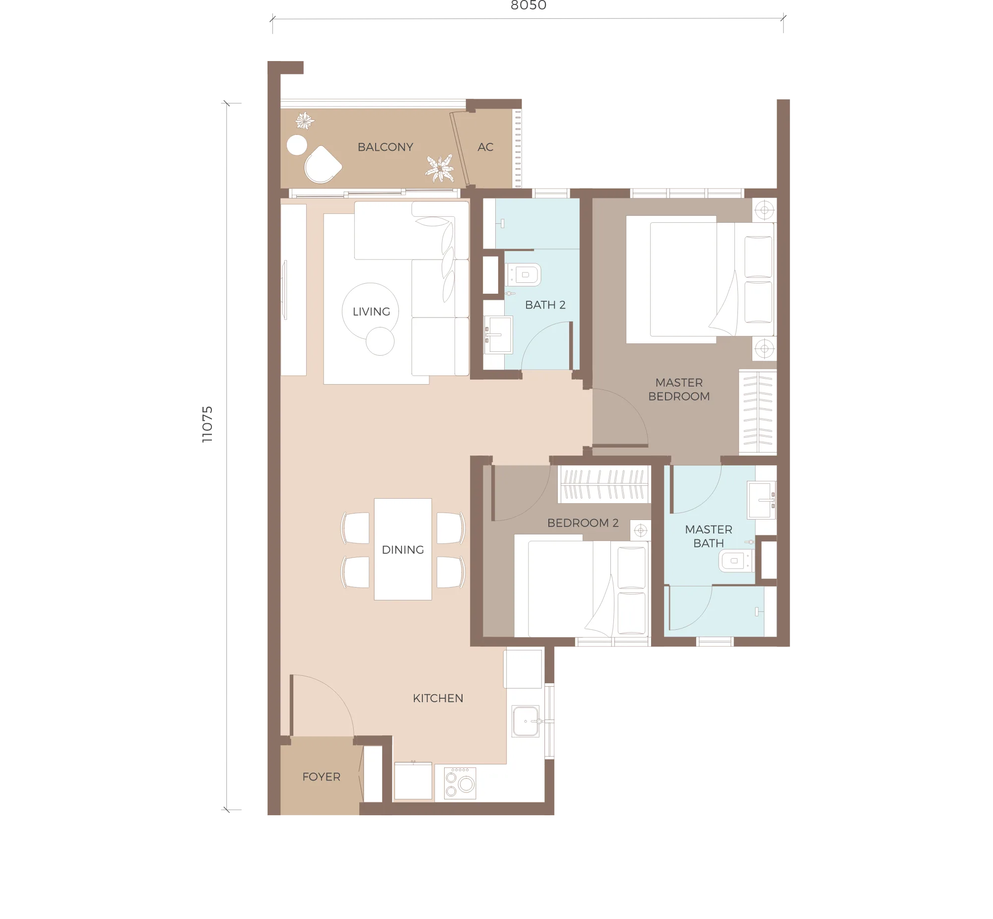 Type C1 floor plan, 792 sq ft, two bedrooms at Amaya Residences @ Damansara Avenue by TA Global, Bandar Sri Damansara, Selangor