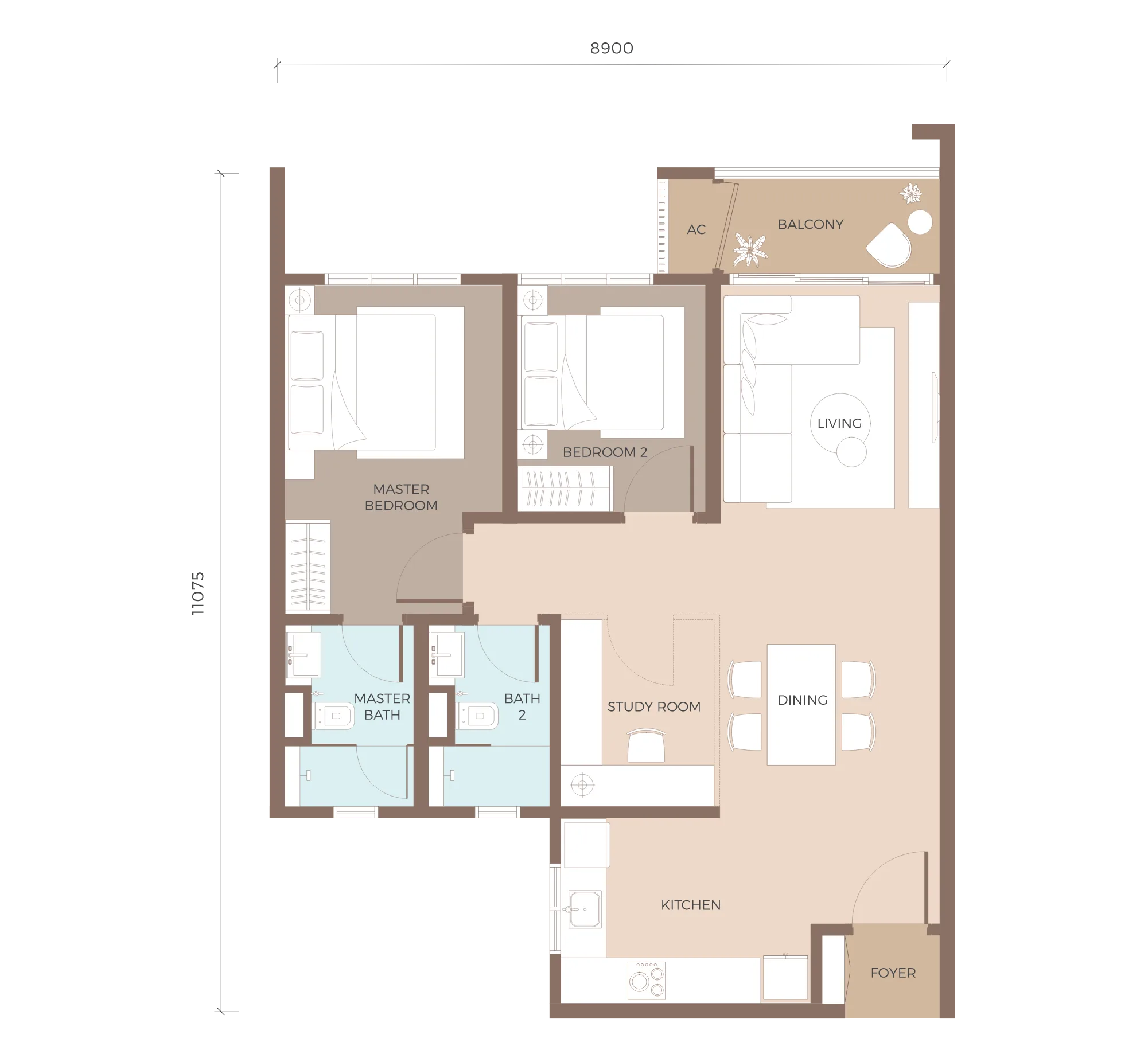 Type D1 floor plan, 879 sq ft, two bedrooms and two car parks at Amaya Residences @ Damansara Avenue by TA Global, Bandar Sri Damansara, Selangor