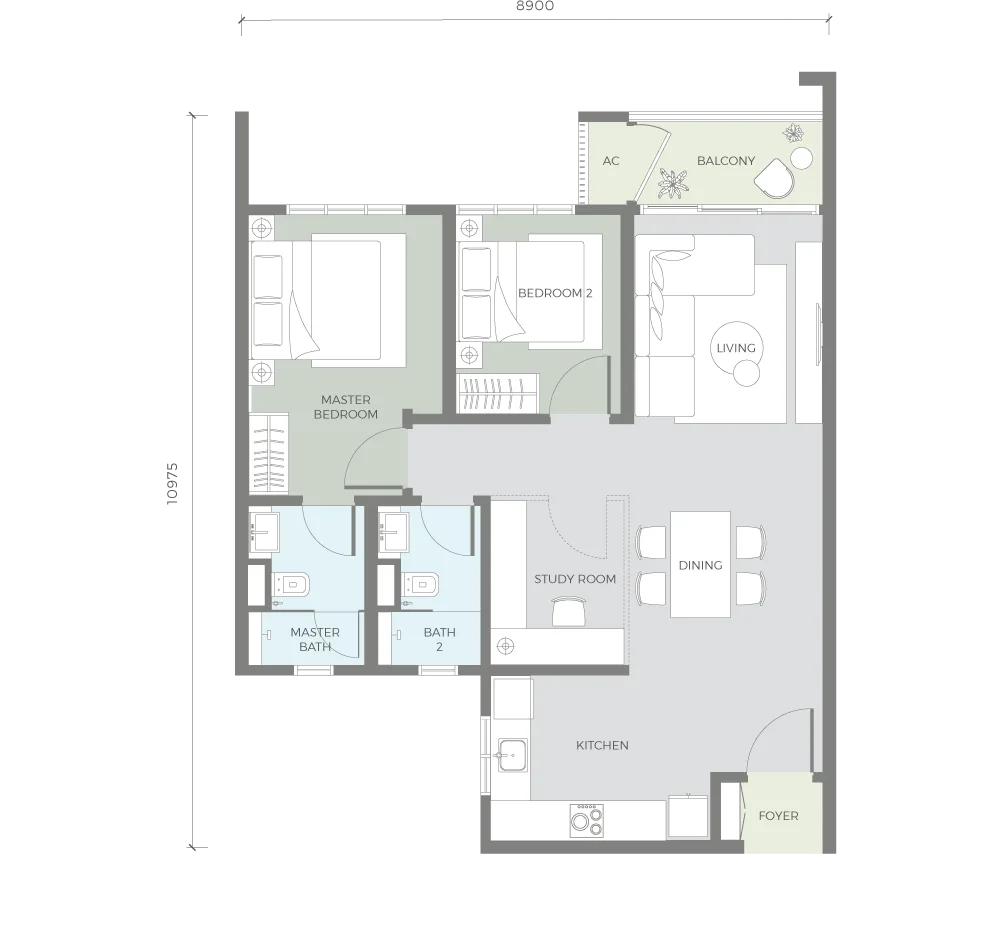 Type D2 floor plan, 870 sq ft flexi layout with two car parks at Amaya Residences @ Damansara Avenue by TA Global, Bandar Sri Damansara, Selangor