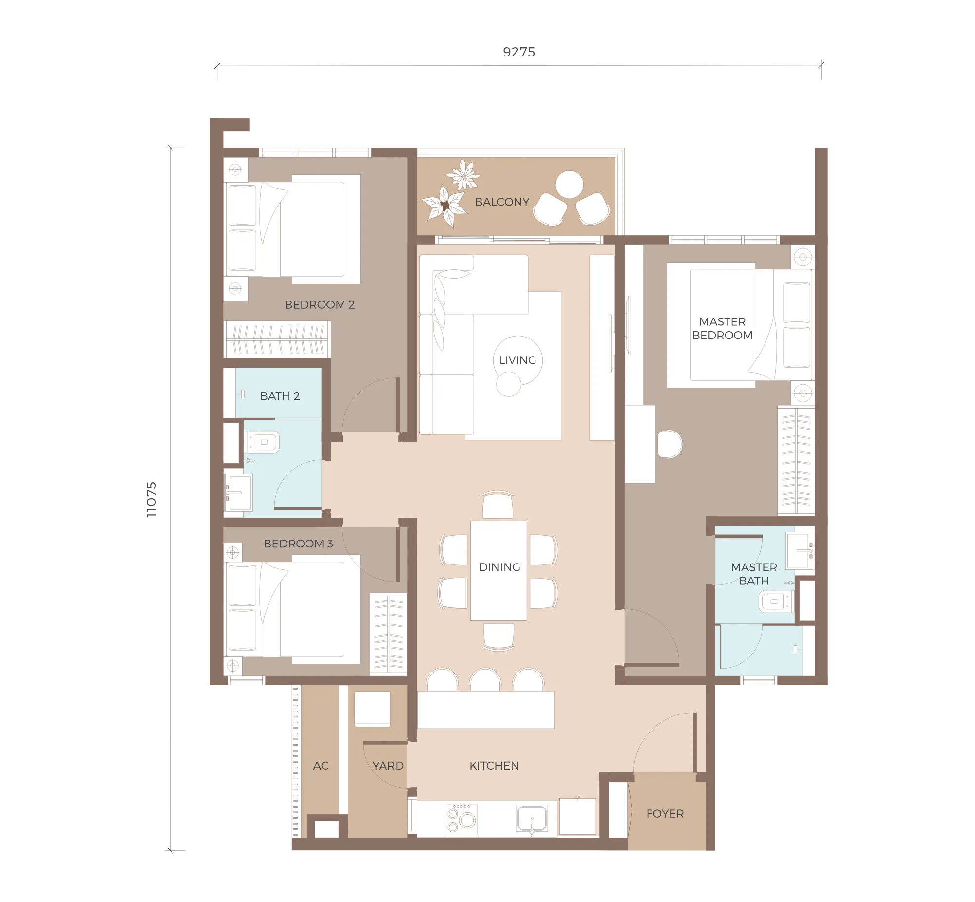 Type E1 floor plan, 1,024 sq ft, three bedrooms at Amaya Residences @ Damansara Avenue by TA Global, Bandar Sri Damansara, Selangor