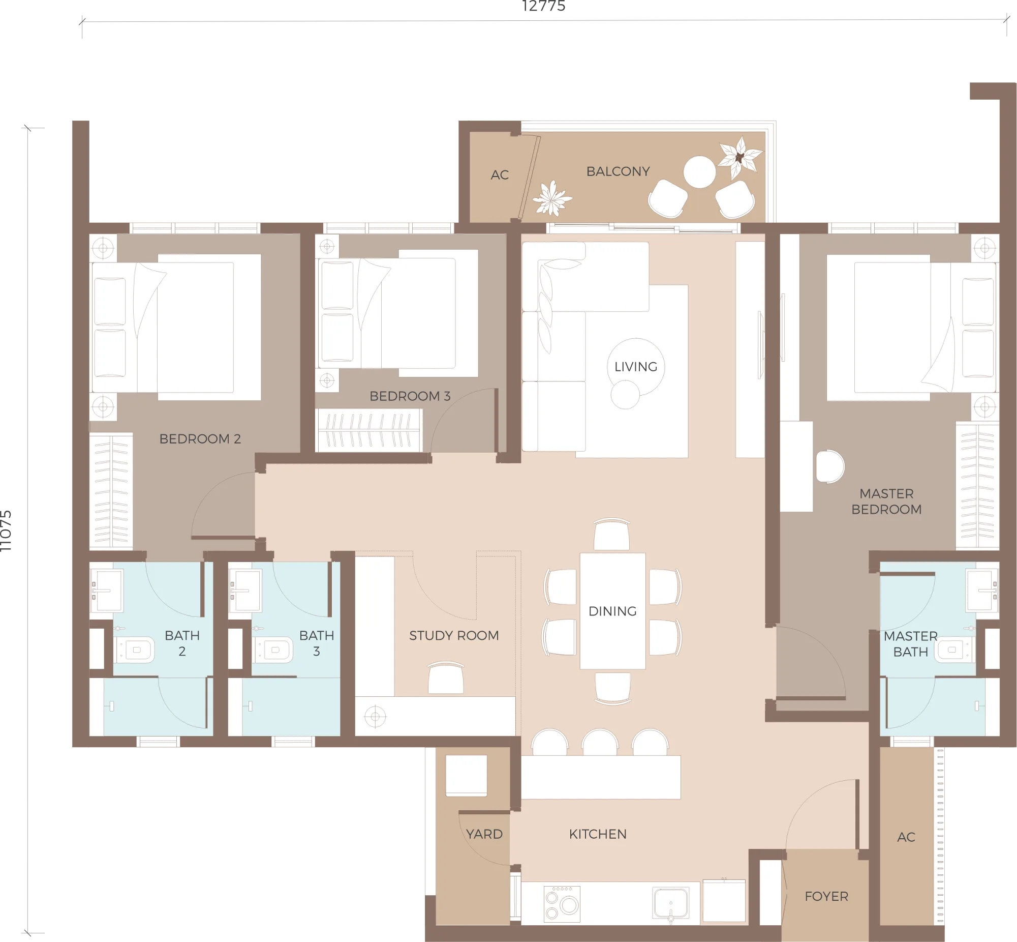 Type F1 floor plan, 1,230 sq ft, the largest home in the development at Amaya Residences @ Damansara Avenue by TA Global, Bandar Sri Damansara, Selangor