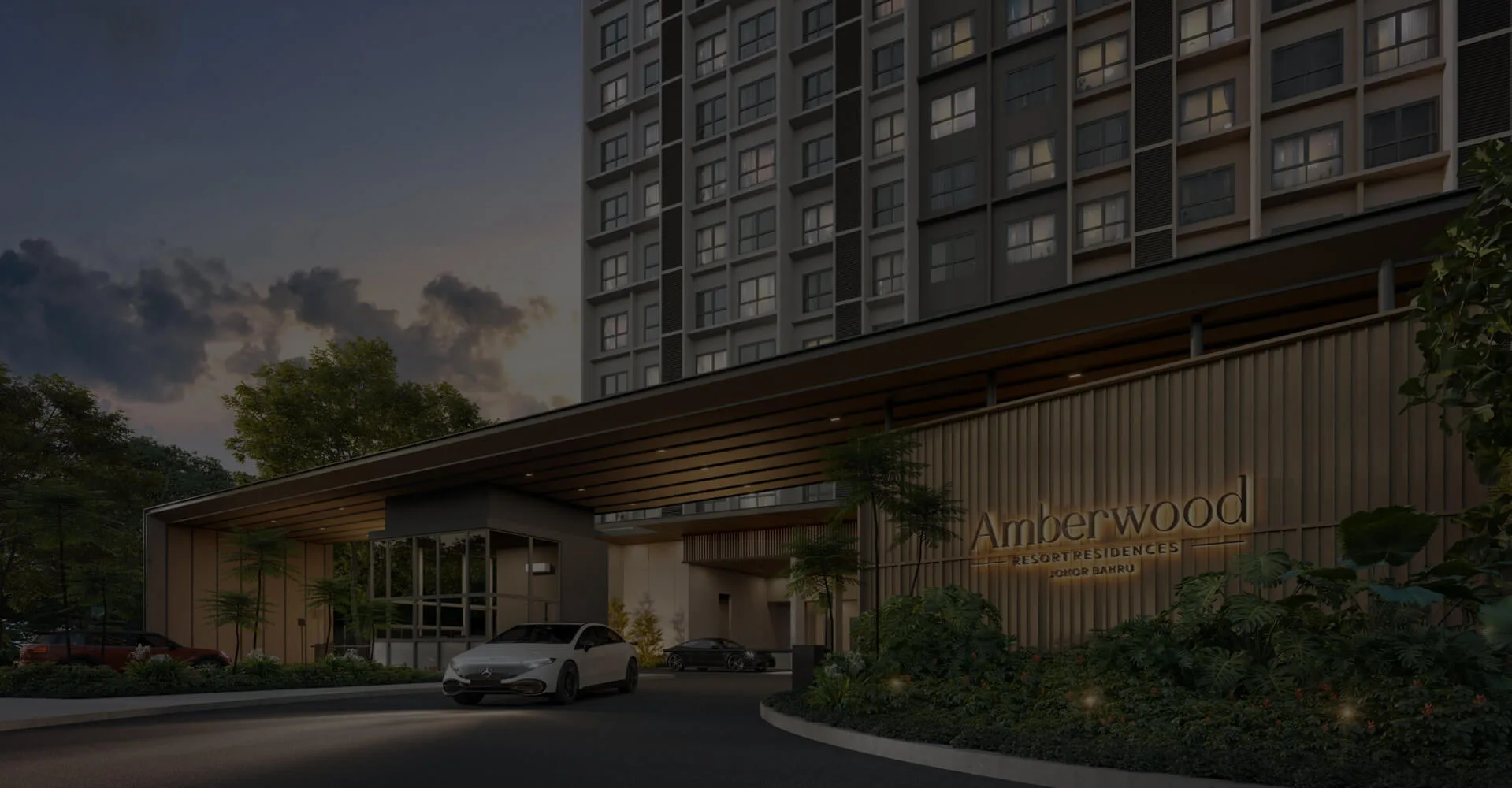 Arrival entrance and landscaped drop-off at Amberwood Resort Residences, Larkin, Johor Bahru