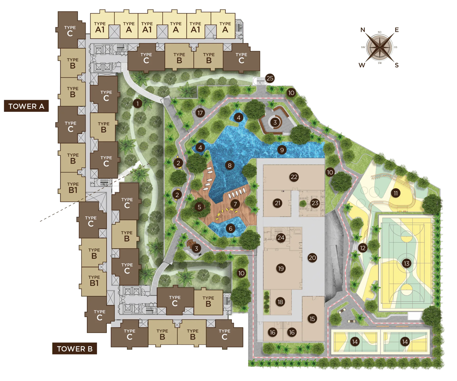 Numbered facilities key plan for Amberwood Resort Residences showing 25 facilities on Level 7 and Creek Forest on LG1, Larkin, Johor Bahru