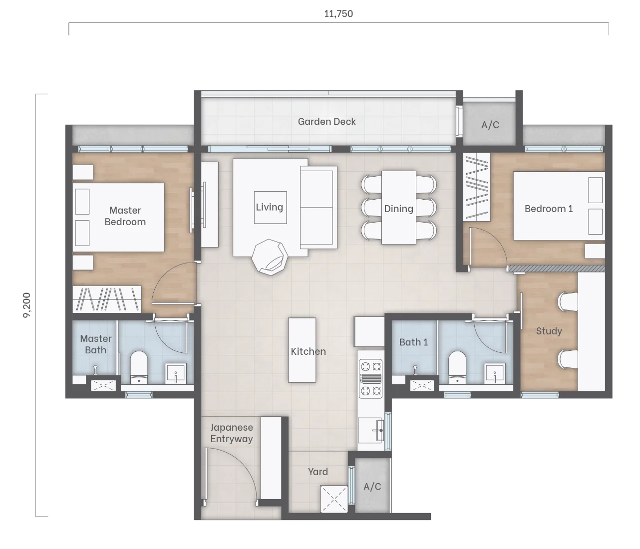 雪兰莪梳邦再也 Tropicana Metropark Amika Residences A 型户型图,883 平方尺三房