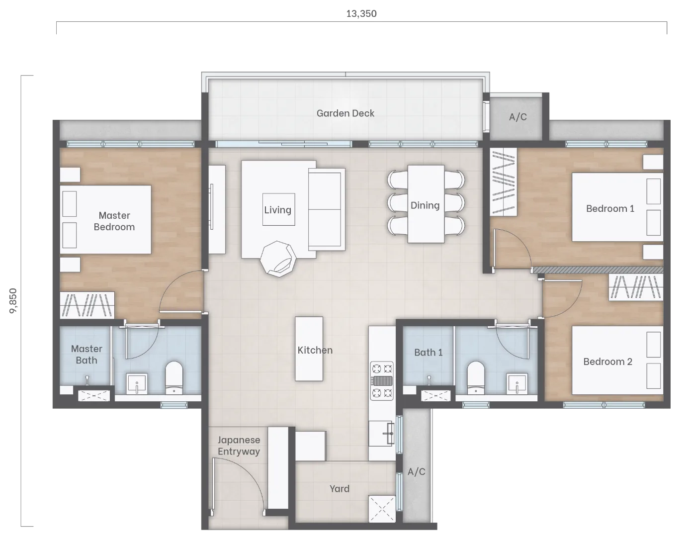 雪兰莪梳邦再也 Tropicana Metropark Amika Residences B 型户型图,1,075 平方尺三房