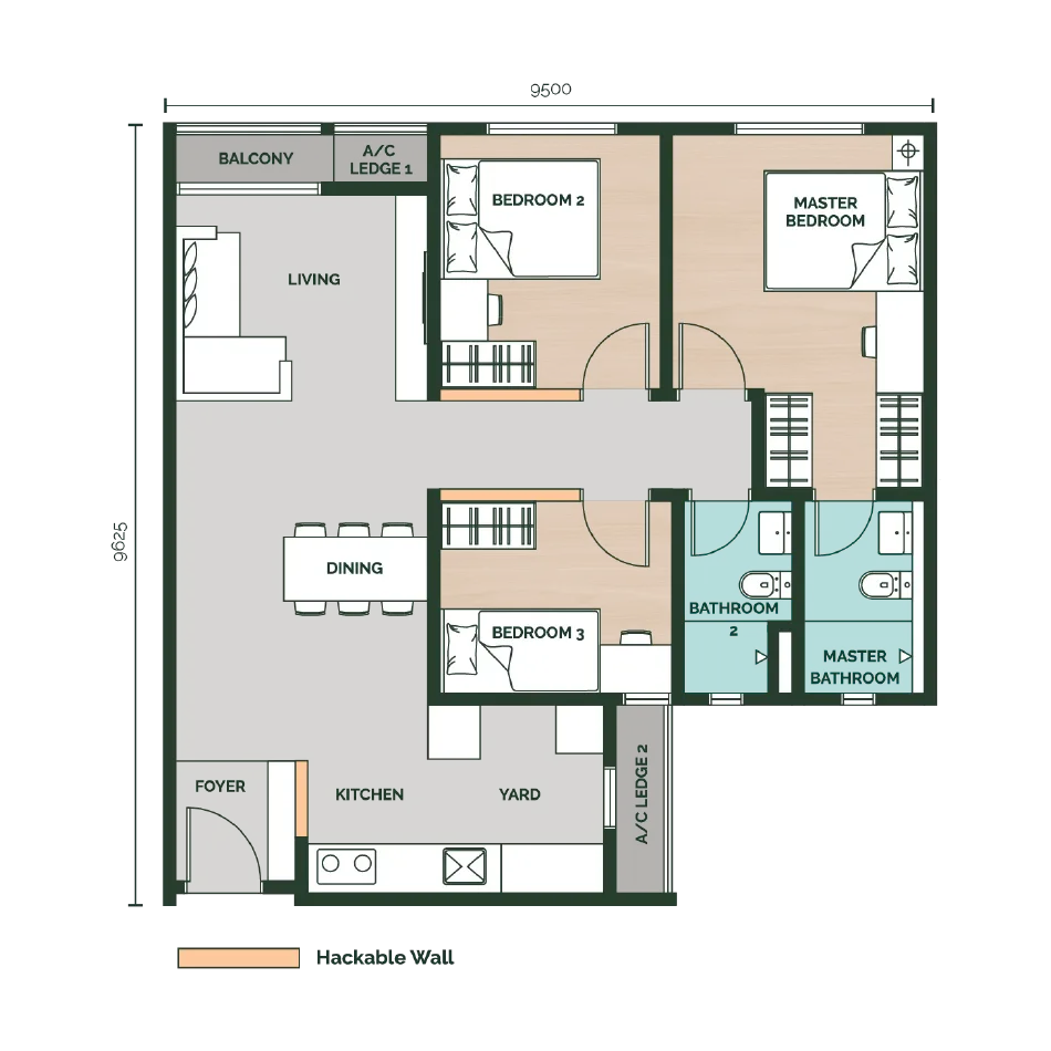 Type B floor plan 894 sq ft at Anja Residences @ Bangi by Avaland, Bandar Baru Bangi, Selangor