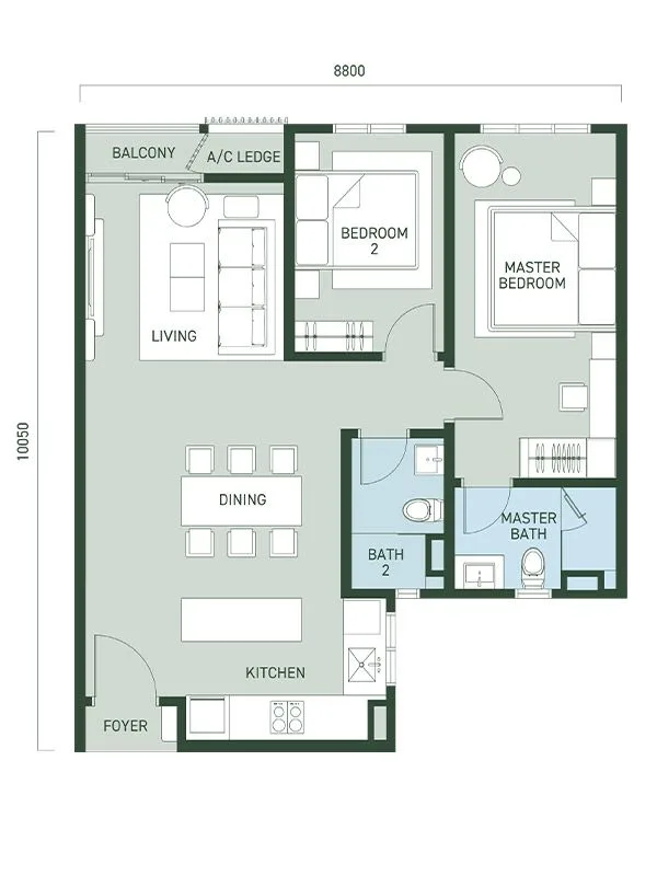 Type A floor plan, 850 sq ft with two bedrooms at Aras Residences OUG @ WCity OUG by WCT Land, Taman OUG, Kuala Lumpur