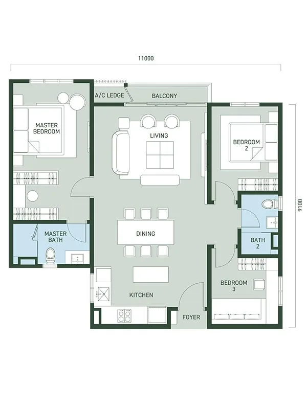 Type B floor plan, 1062 sq ft with three bedrooms at Aras Residences OUG @ WCity OUG by WCT Land, Taman OUG, Kuala Lumpur