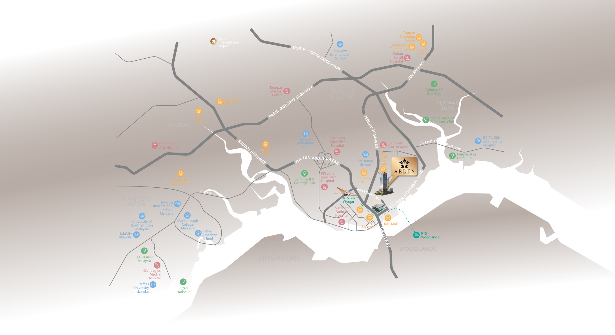 Official Arden @ One Bukit Senyum location map showing the site relative to the Johor–Singapore CIQ and Bukit Chagar RTS Link station, Johor Bahru