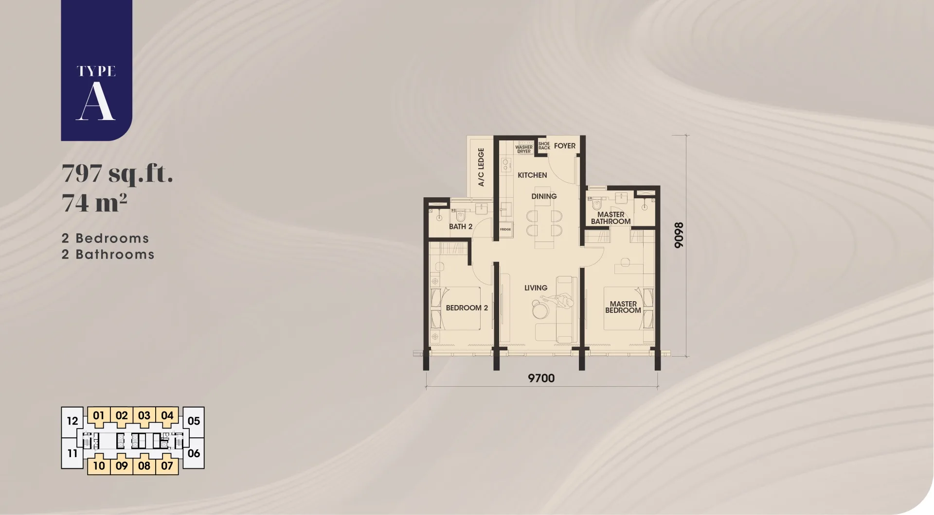 Arden @ One Bukit Senyum Type A floor plan — 797 sq ft two-bedroom, two-bathroom serviced residence, Johor Bahru