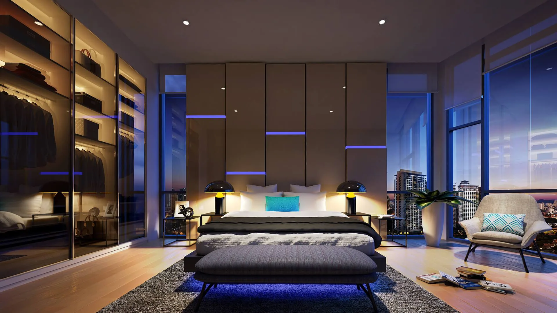 Master bedroom in a privately held Ascott Star KLCC apartment, Star Residences Tower Three, Kuala Lumpur