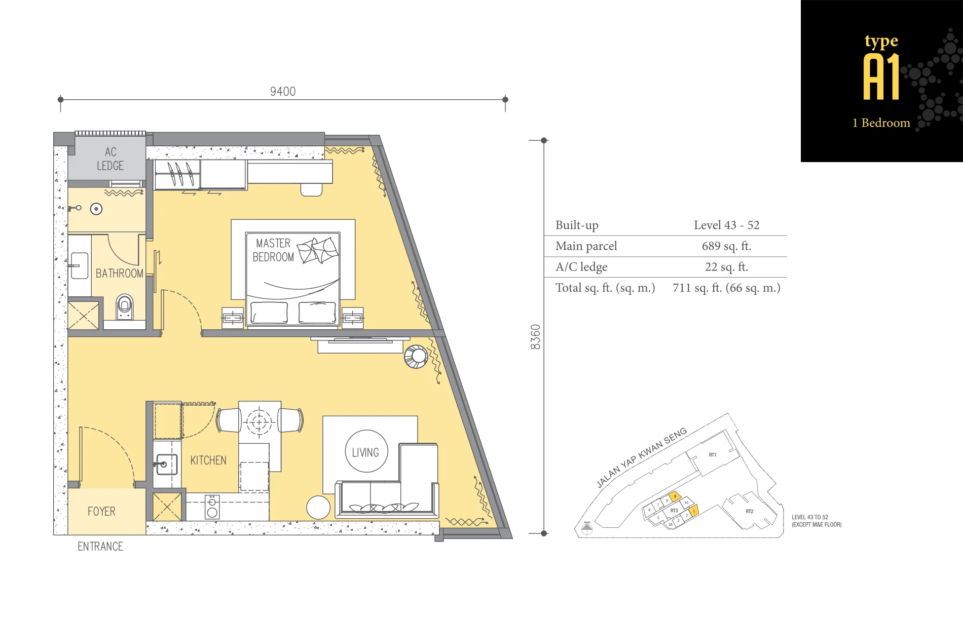 Ascott Star KLCC Type A1 floor plan — 700 sq ft layout in Star Residences Tower Three