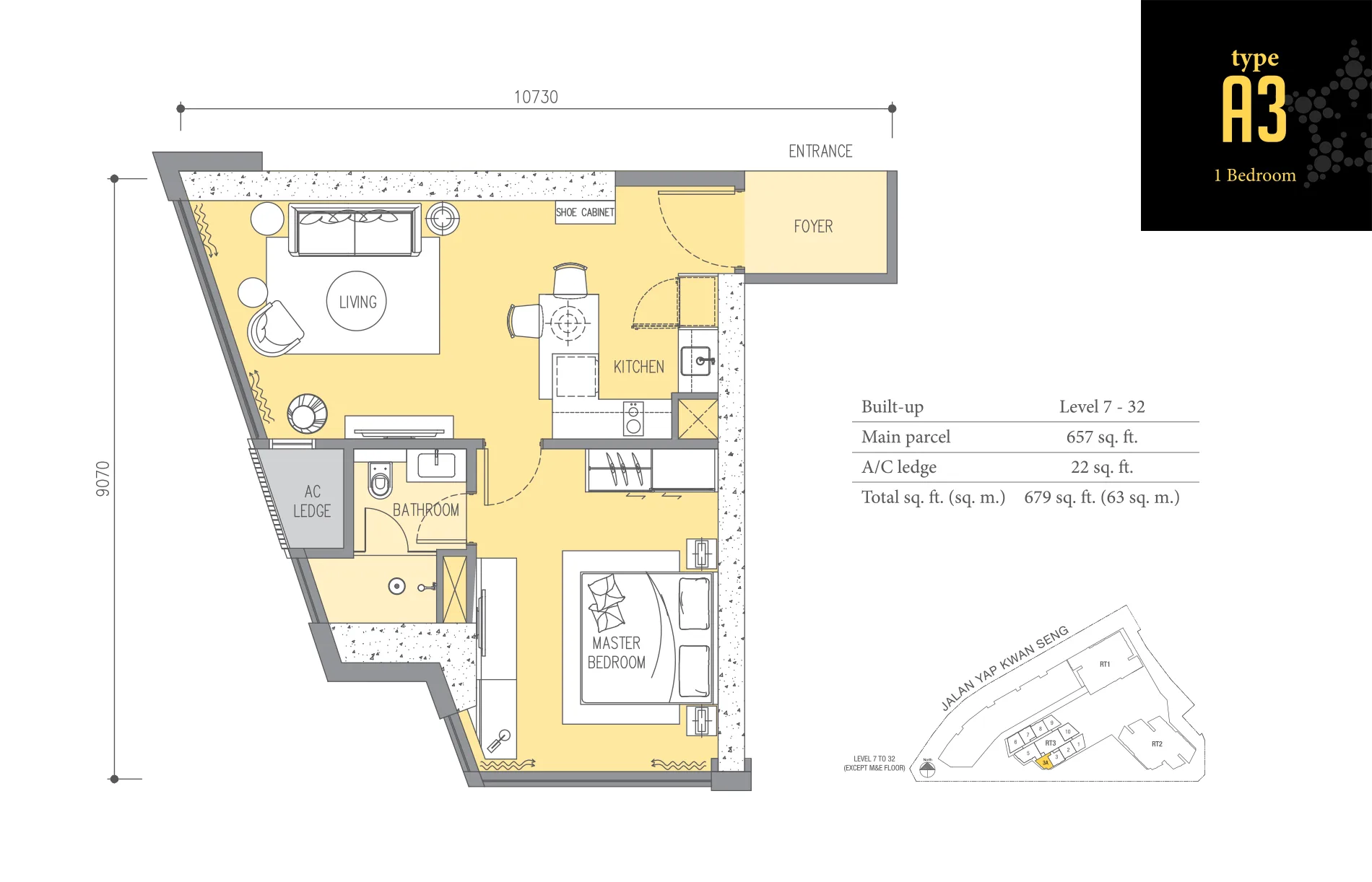 Ascott Star KLCC Type A3 floor plan — 689 sq ft, the smallest layout in Tower Three
