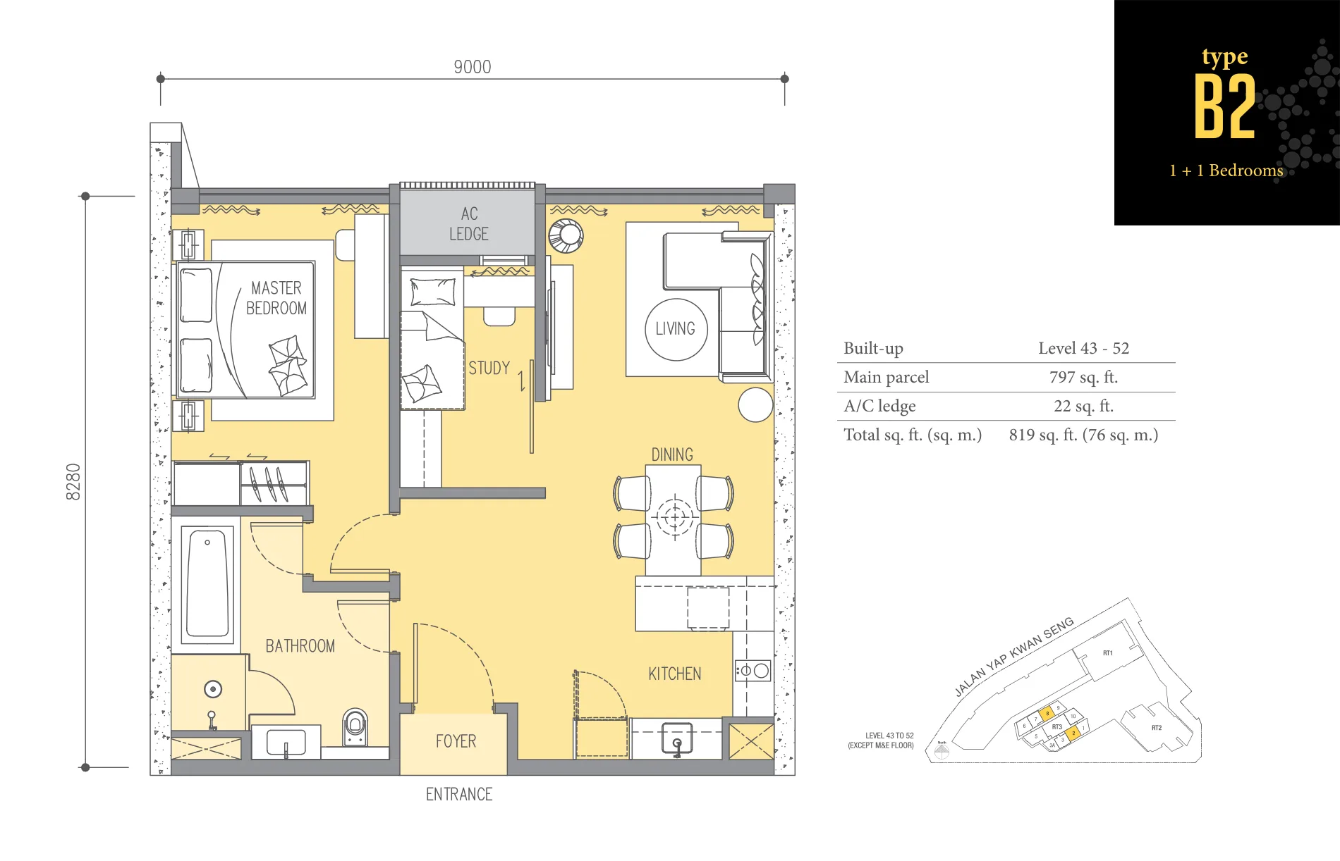 Ascott Star KLCC Type B2 floor plan — 819 sq ft layout in Star Residences Tower Three