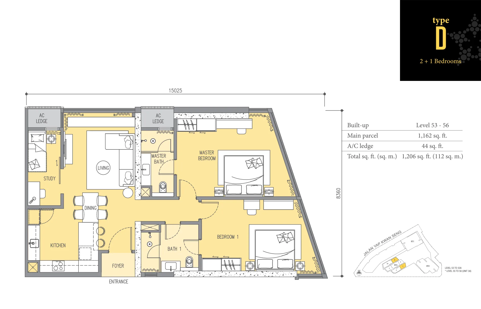 Ascott Star KLCC Type D floor plan — 1,206 sq ft layout in Star Residences Tower Three