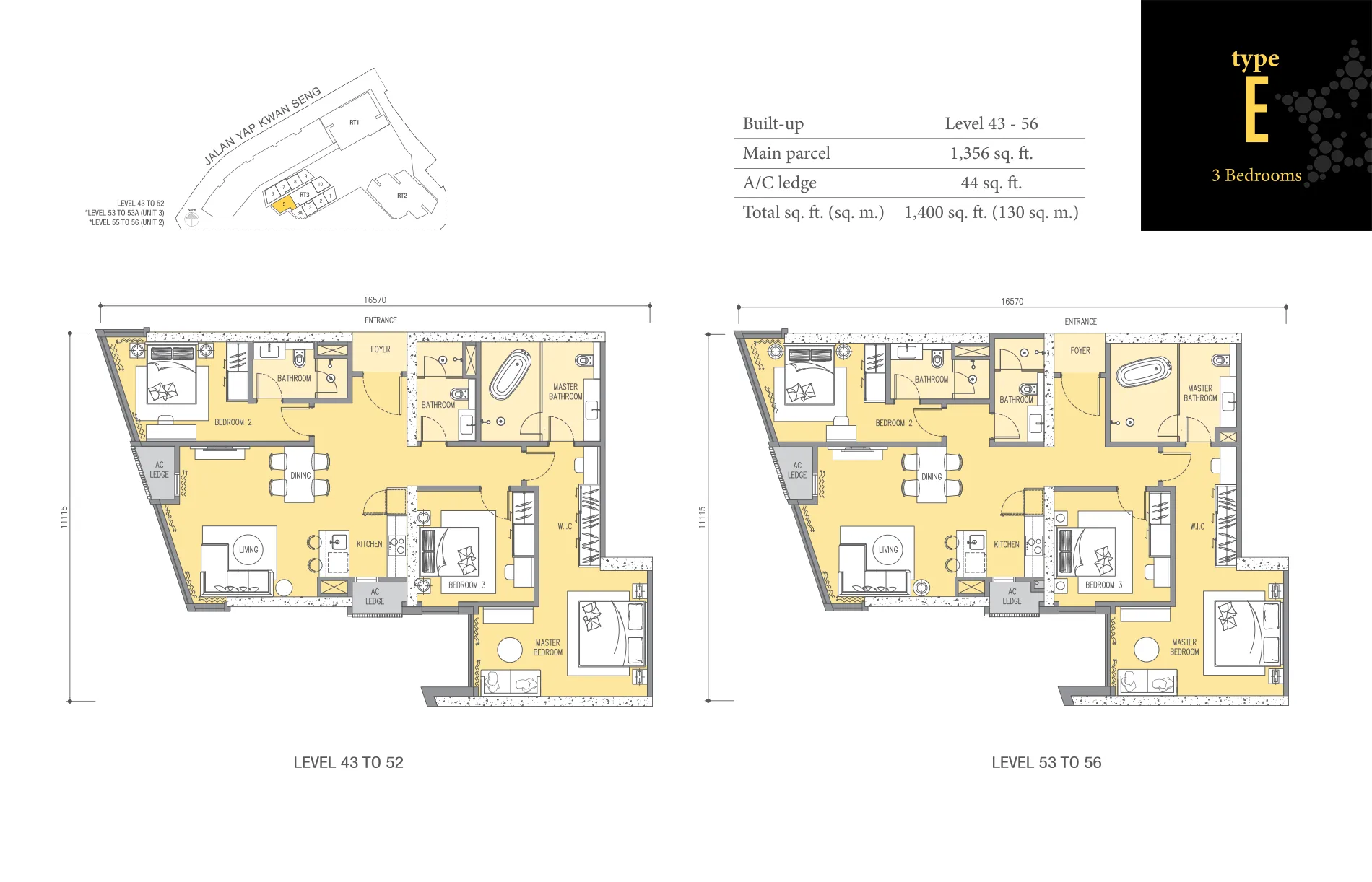 Ascott Star KLCC Type E floor plan — 1,399 sq ft layout in Star Residences Tower Three